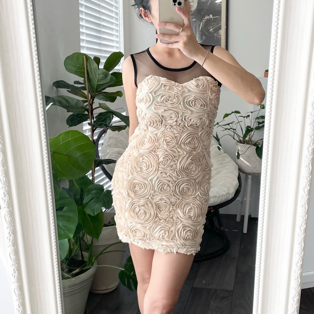 🌷Rose flower mesh stretchy fabric prom wedding dinner mini dress w/ side zipper
